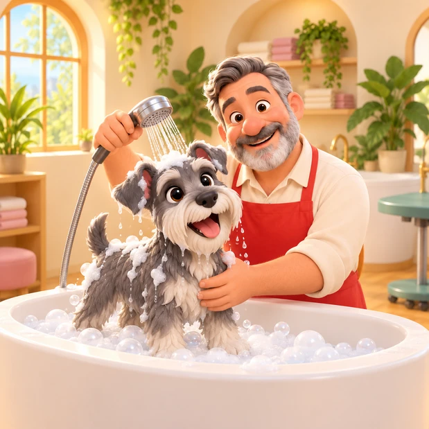 A 3D cartoon illustration of a bearded groomer rinsing a sudsy schnauzer in a raised white bath