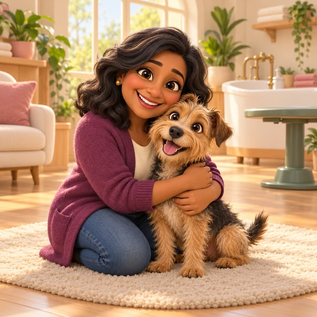 A 3D cartoon illustration of an owner kneeling on a rug and hugging her scruffy terrier