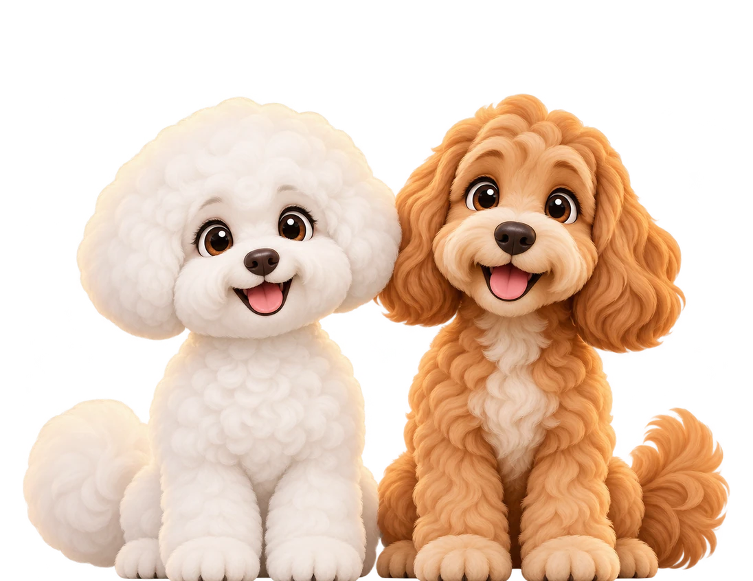 A 3D cartoon illustration of a white bichon and an apricot cockapoo with fresh rounded cuts sitting side by side