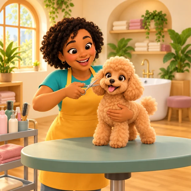 A 3D cartoon illustration of a groomer supporting an apricot poodle while trimming its face