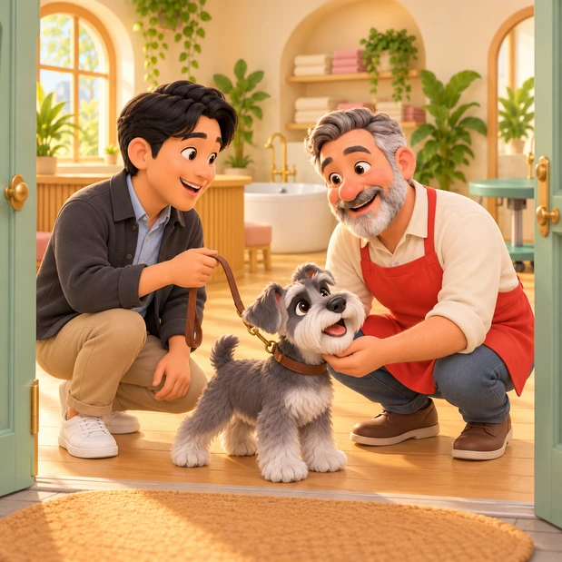 A 3D cartoon illustration of an owner handing his schnauzer’s lead to a bearded groomer at the salon door