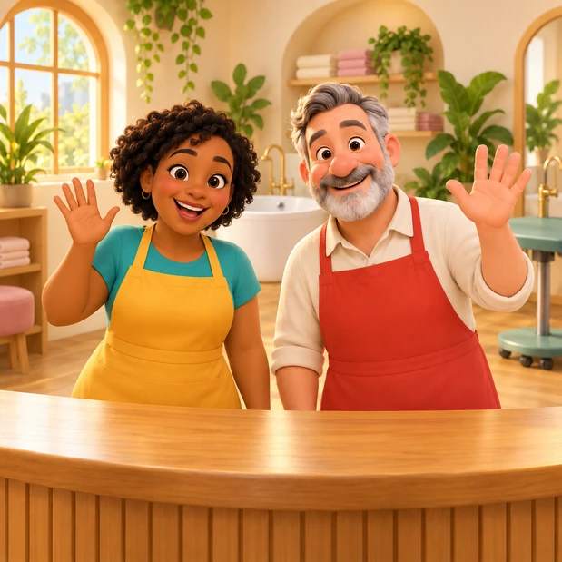 A 3D cartoon illustration of two groomers waving from behind a timber salon counter